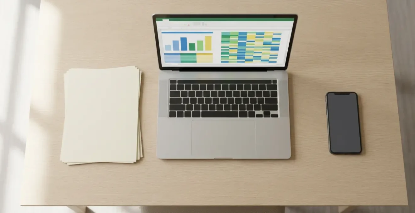 Vue d'un bureau avec ordinateur portable montrant un tableur d'entretien et des factures scannées