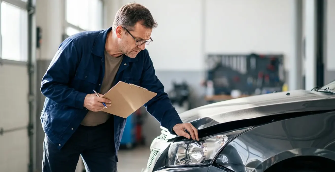 Expert automobile examinant un véhicule accidenté avec des documents d'évaluation