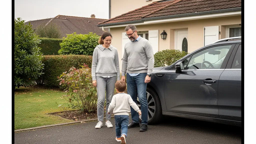 Famille française près de leur véhicule familial dans une allée résidentielle