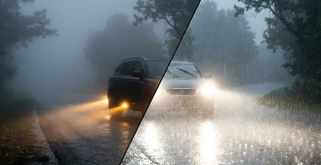 Comparaison visuelle entre utilisation correcte et incorrecte des feux de brouillard sur route