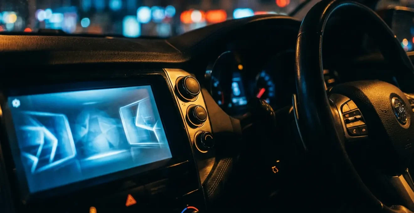 Intérieur de voiture moderne montrant la coexistence d'un écran tactile central et de boutons physiques sur le volant et le tableau de bord