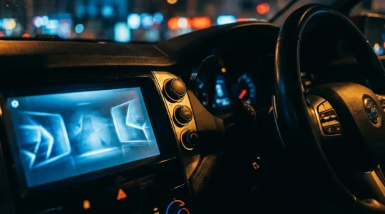 Intérieur de voiture moderne montrant la coexistence d'un écran tactile central et de boutons physiques sur le volant et le tableau de bord