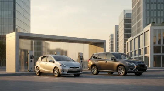 Deux véhicules hybrides garés côte à côte dans un environnement urbain moderne