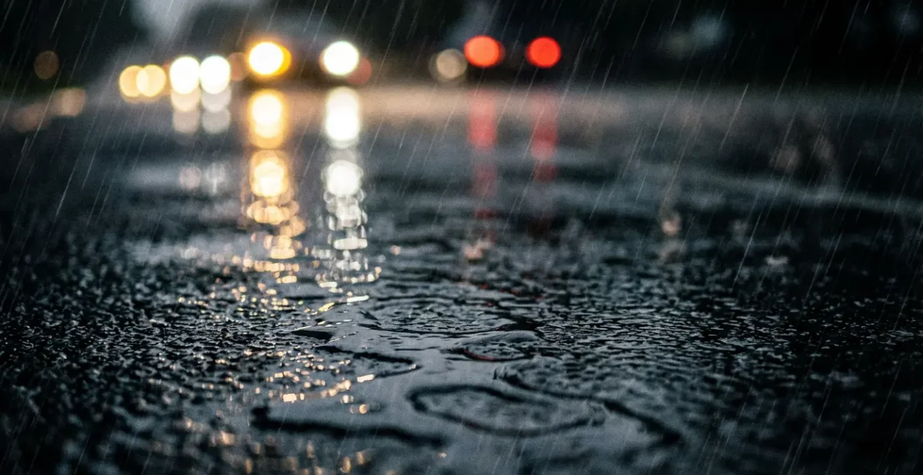 Autoroute sous orage violent avec visibilité réduite et véhicules ralentis