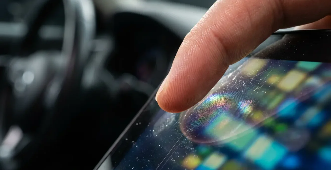 Vue macro d'un doigt touchant la surface d'un écran tactile de voiture montrant les traces et reflets