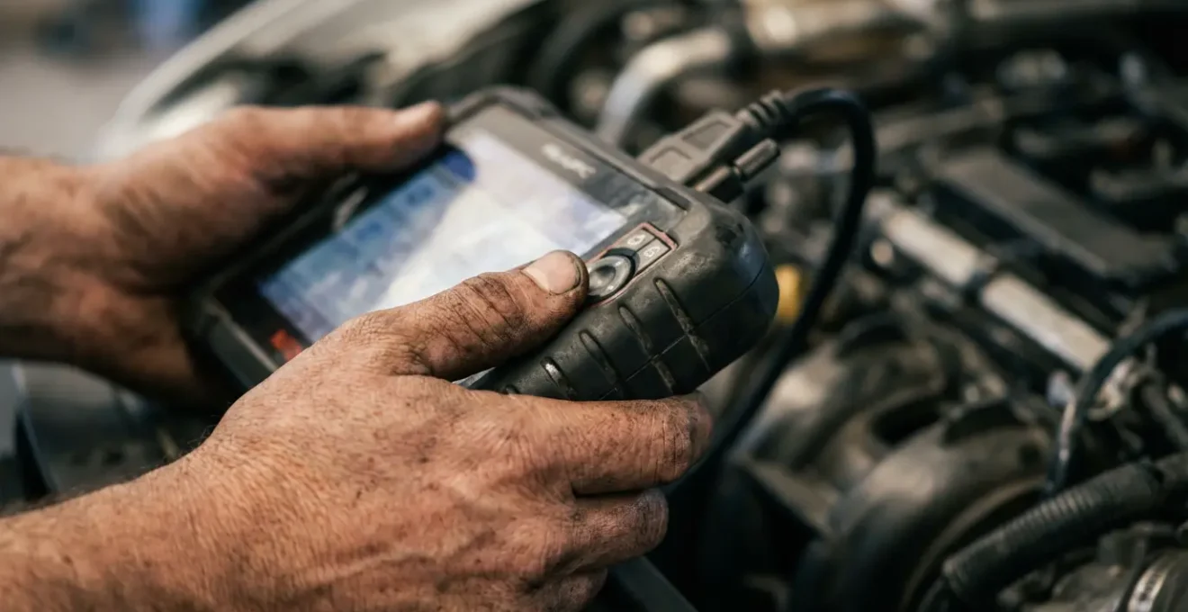 Gros plan sur les mains d'un mécanicien tenant un outil de diagnostic électronique près d'un moteur