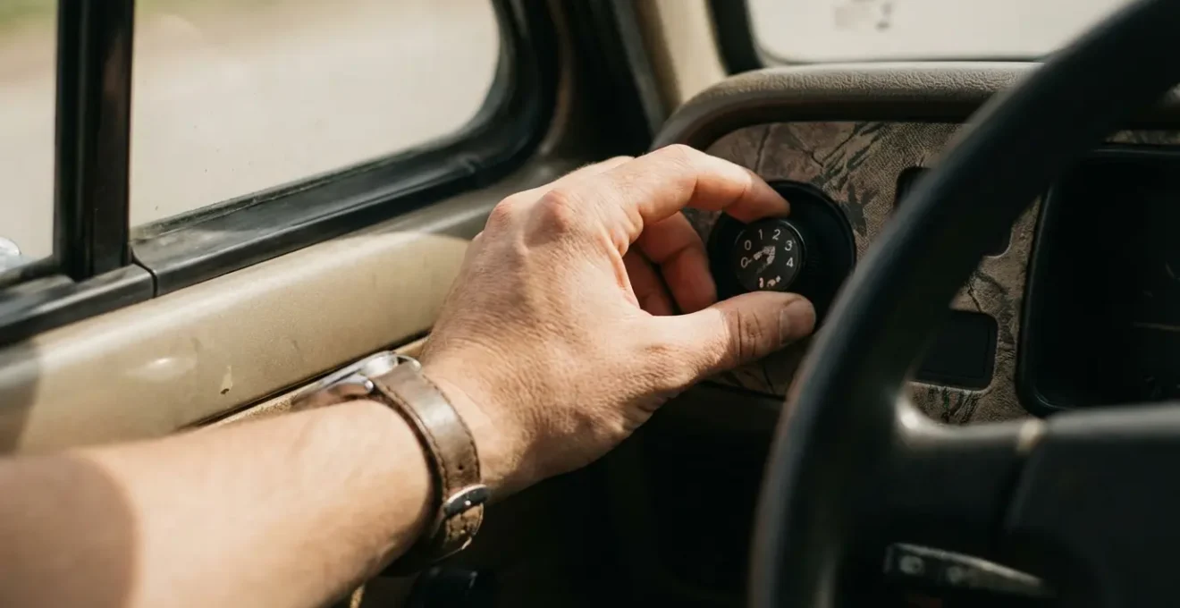 Main ajustant la molette de réglage des phares dans l'habitacle d'une voiture