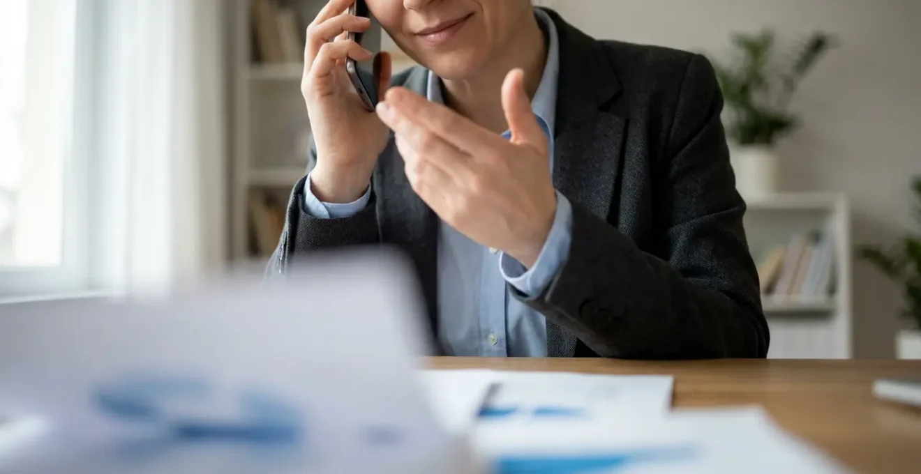 Vue par-dessus l'épaule d'une personne au téléphone avec des papiers d'assurance floutés sur un bureau