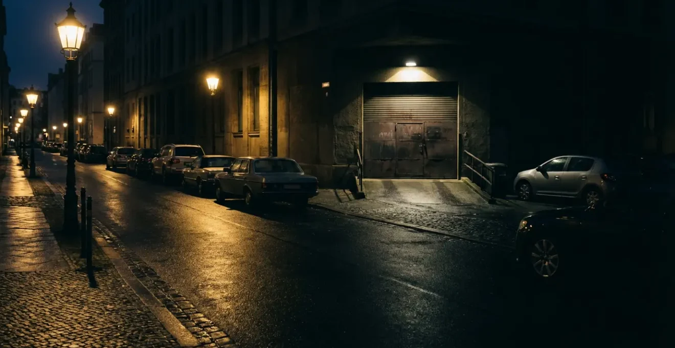 Vue nocturne contrastée montrant une rue avec voitures stationnées et l'entrée éclairée d'un garage fermé