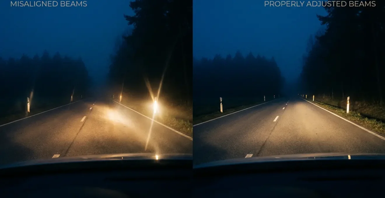 Vue nocturne depuis l'habitacle d'une voiture montrant la différence de visibilité entre phares mal réglés et bien réglés