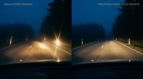 Vue nocturne depuis l'habitacle d'une voiture montrant la différence de visibilité entre phares mal réglés et bien réglés