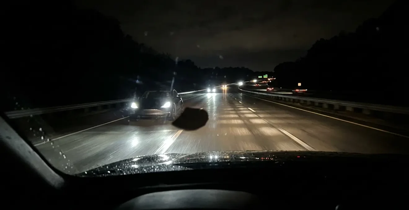 Vue avant d'une voiture équipée de phares Matrix LED sur autoroute de nuit avec visualisation du découpage lumineux adaptatif