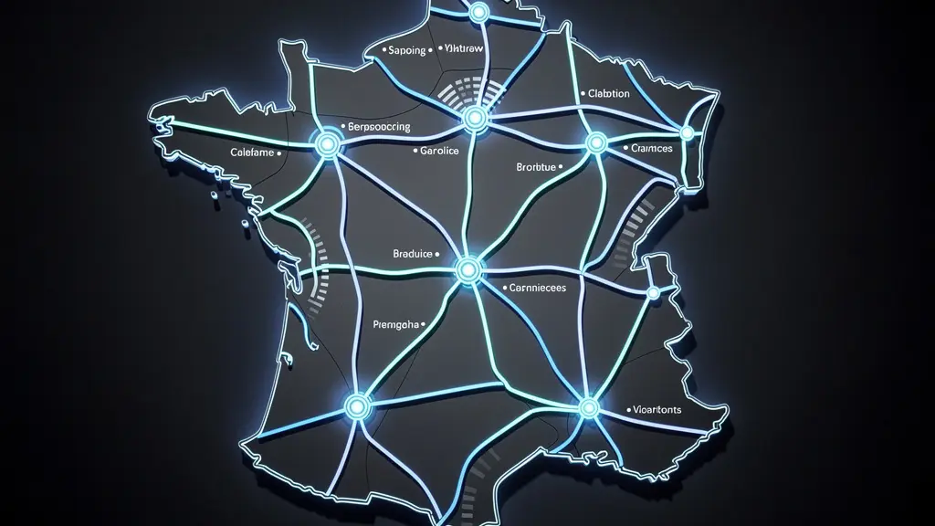 Vue aérienne d'une carte de France stylisée montrant les corridors de recharge rapide le long des autoroutes principales
