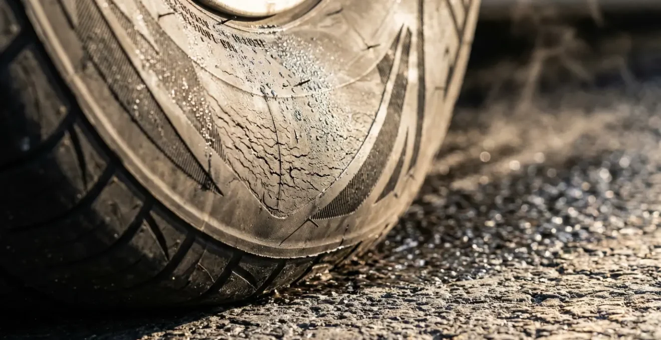 Vue macro d'un pneu automobile montrant la déformation de la bande de roulement sur l'asphalte