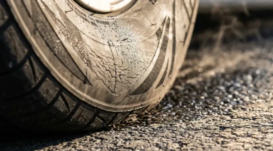 Vue macro d'un pneu automobile montrant la déformation de la bande de roulement sur l'asphalte