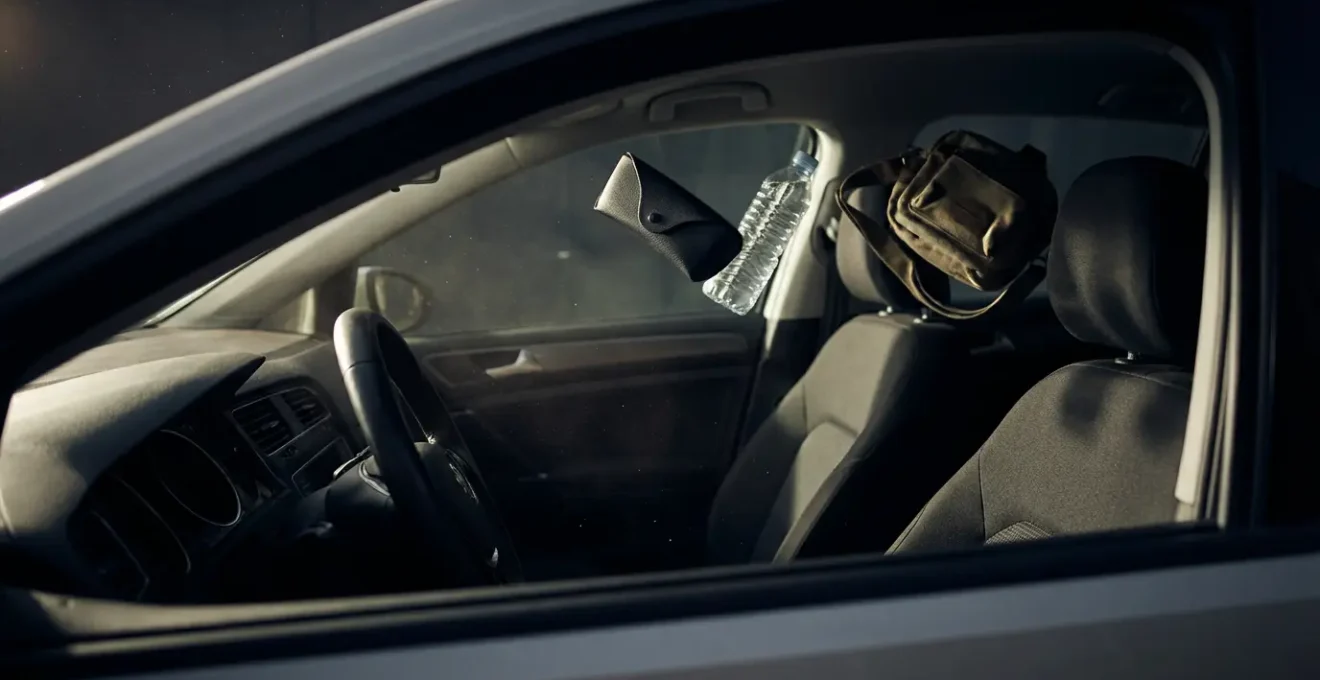 Vue latérale de l'intérieur d'une voiture montrant le danger des objets non fixés se transformant en projectiles lors d'un freinage d'urgence.