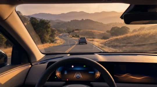 Intérieur de voiture moderne avec tableau de bord affichant le régulateur adaptatif actif sur une autoroute vallonnée