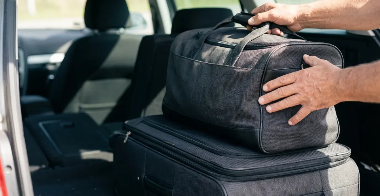 Coupe transversale d'un coffre de voiture montrant la répartition optimale des bagages, les plus lourds en bas.