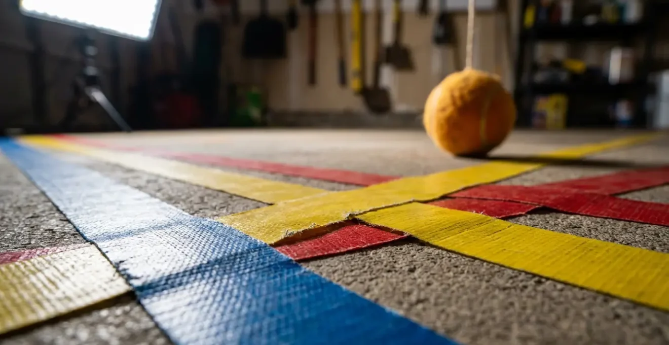 Intérieur de garage avec repères visuels colorés au sol et balle suspendue