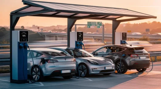 Station de recharge rapide moderne sur une aire d'autoroute française avec trois bornes actives et véhicules électriques en charge