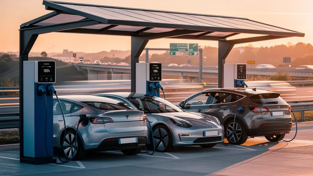 Station de recharge rapide moderne sur une aire d'autoroute française avec trois bornes actives et véhicules électriques en charge