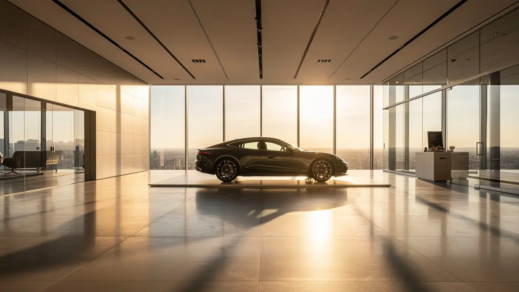 Showroom automobile avec mise en valeur d'un modèle en fin de série