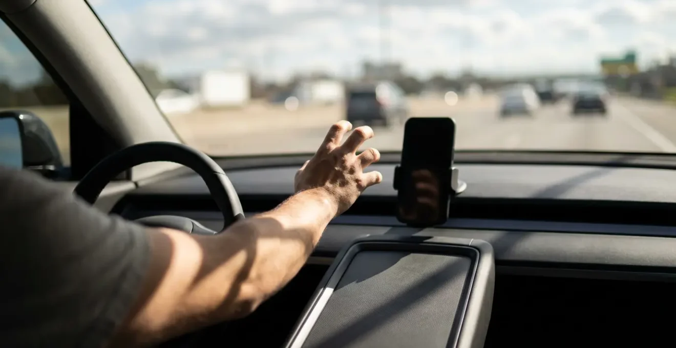 Main tenant un smartphone dans un support voiture avec carte de navigation floue en arrière-plan