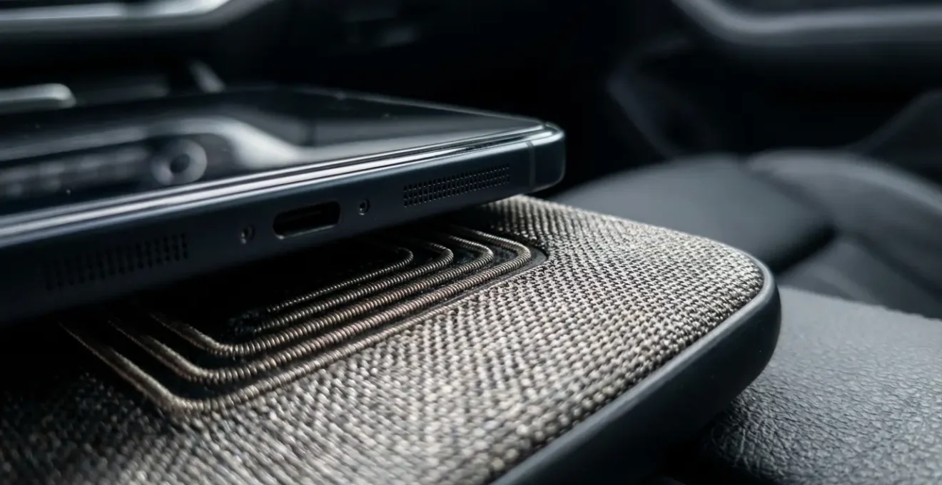 Smartphone sur support de charge sans fil ventilé dans un habitacle automobile