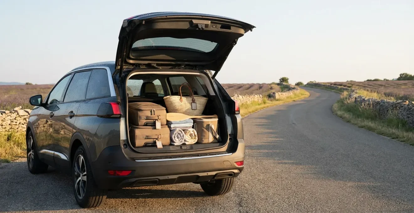 Coffre de voiture chargé avec valises et équipements de vacances visibles depuis l'arrière