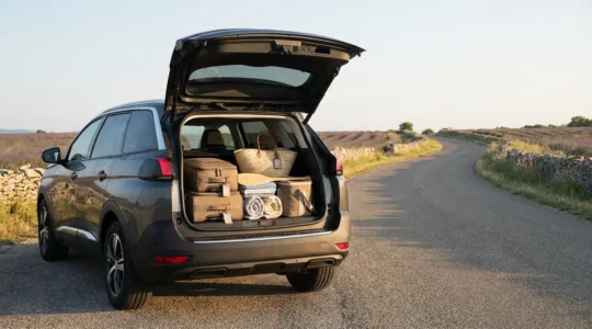 Coffre de voiture chargé avec valises et équipements de vacances visibles depuis l'arrière