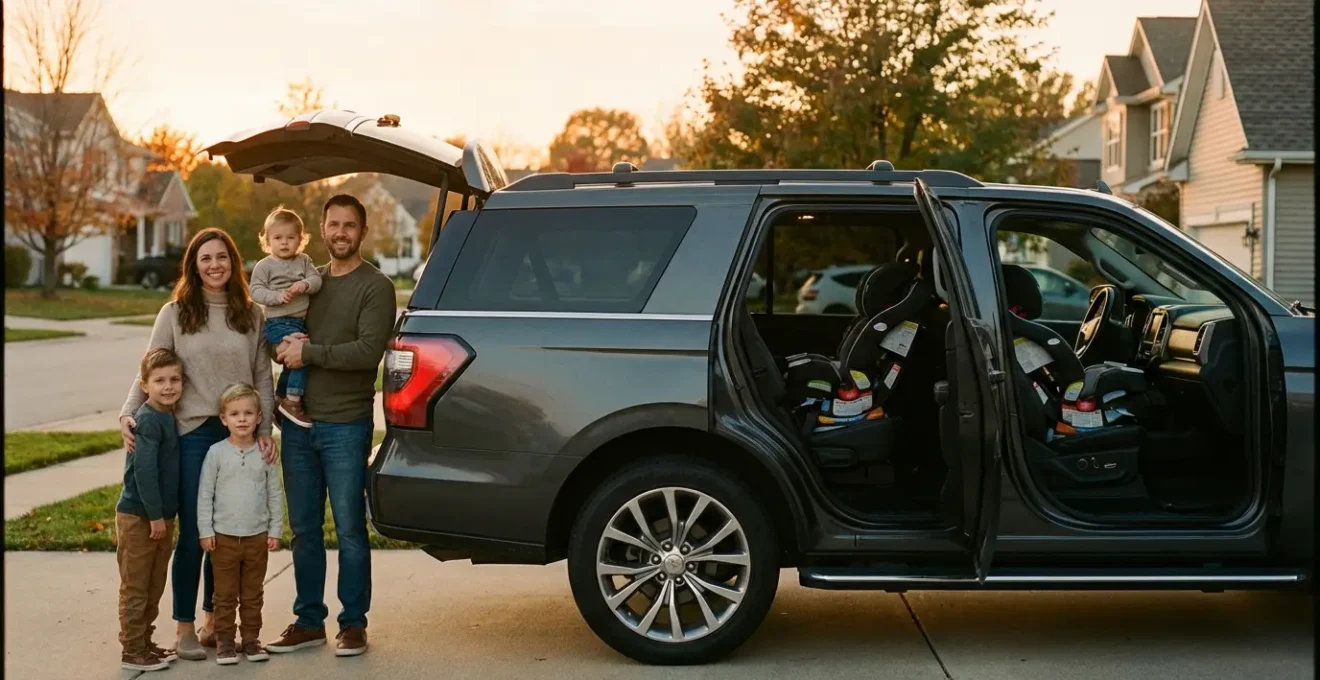 Famille avec trois enfants devant un SUV spacieux avec vue intérieure montrant trois sièges auto installés