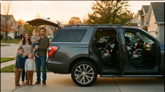 Famille avec trois enfants devant un SUV spacieux avec vue intérieure montrant trois sièges auto installés