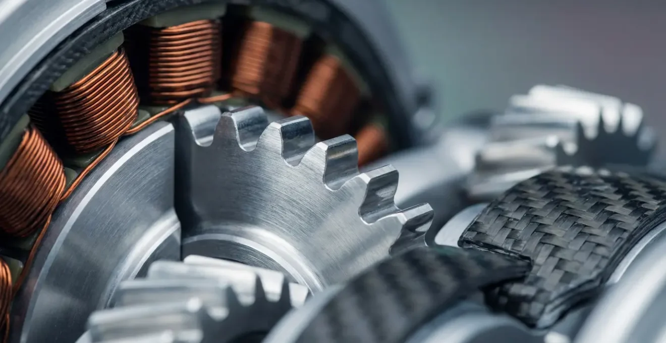 Mécanisme hybride avec composants électriques et thermiques visibles