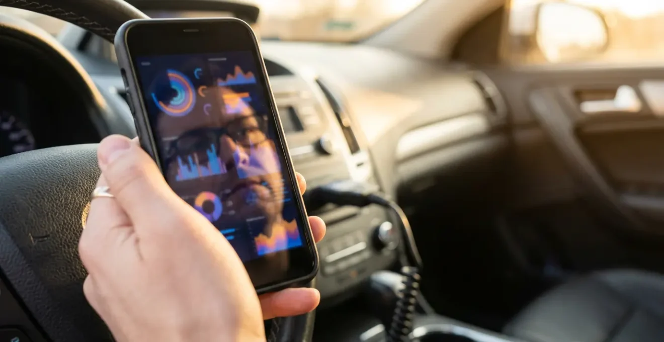 Main tenant un smartphone avec des données de conduite, un boîtier OBD branché en arrière-plan