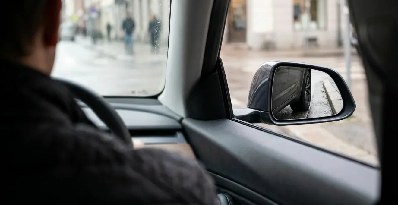 Vue intérieure montrant le rétroviseur droit avec repère d'alignement sur le trottoir