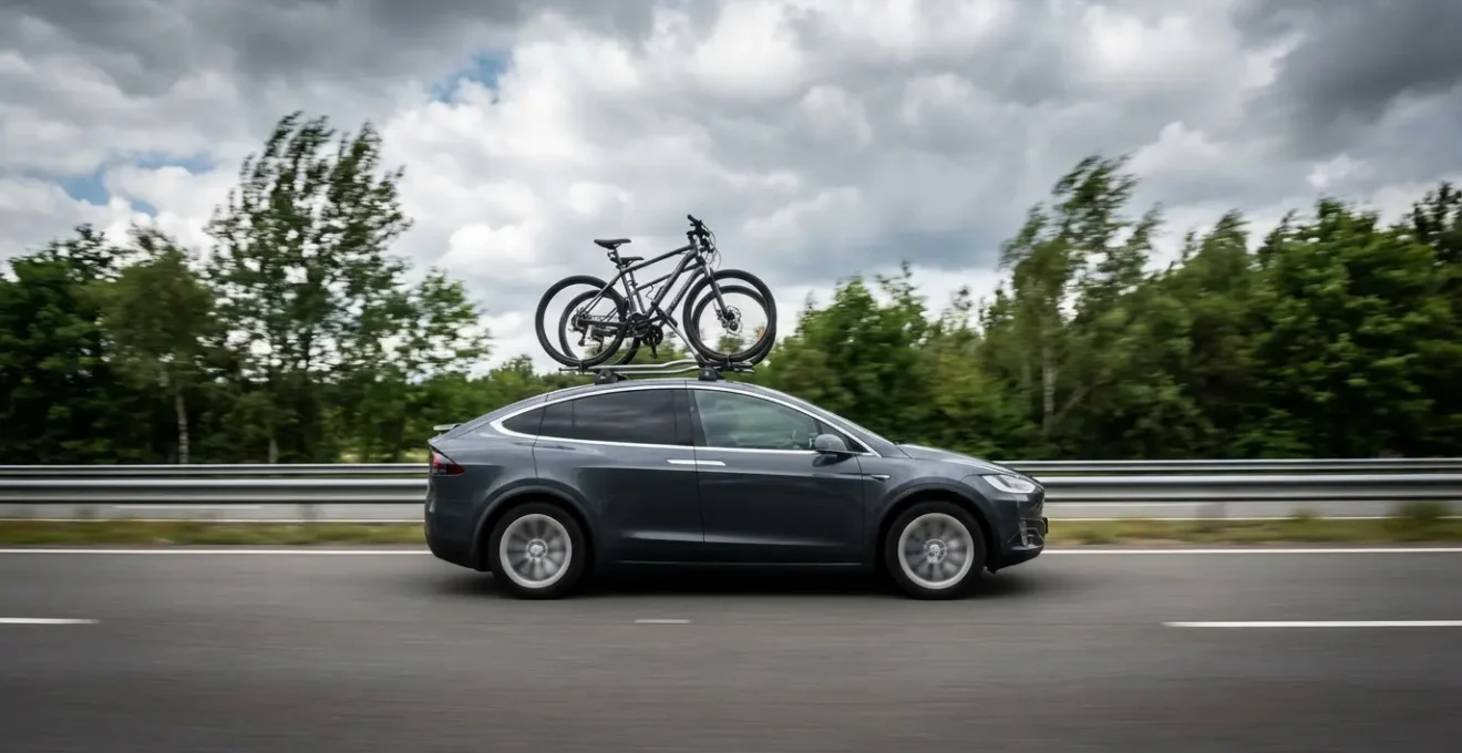 Vue latérale d'une voiture avec vélos sur le toit montrant l'impact aérodynamique