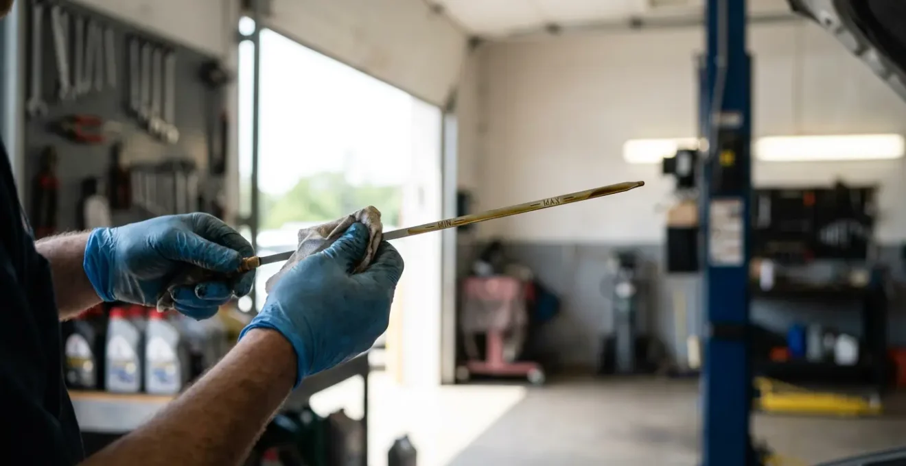 Mains avec gants nitrile tenant une jauge d'huile avec niveau visible entre min et max, éclairage naturel d'atelier