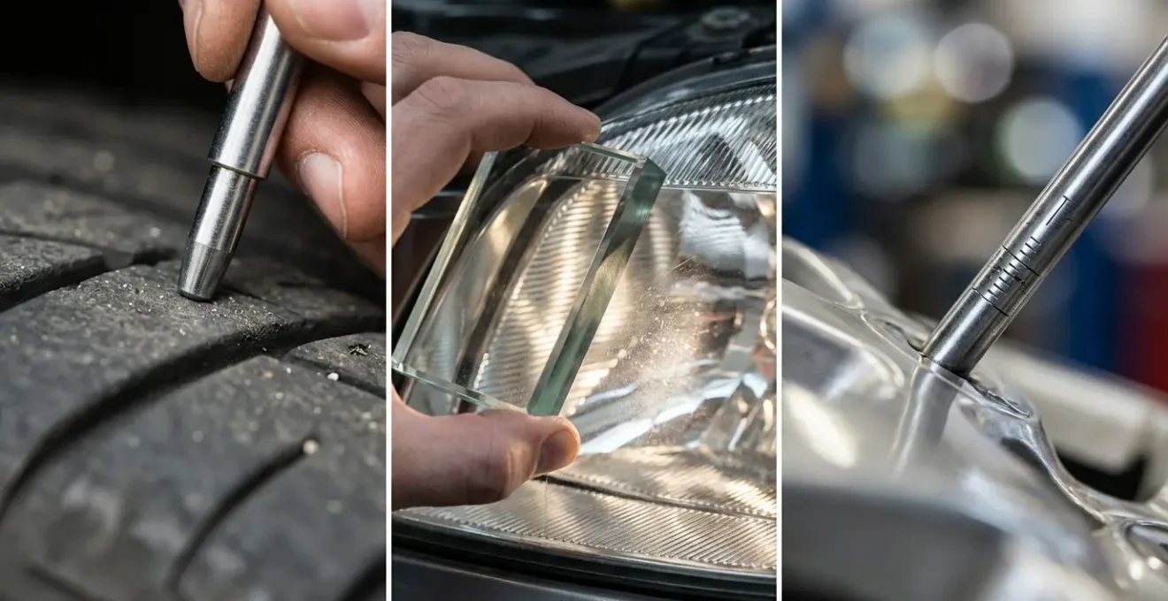 Inspection détaillée des phares et pneumatiques d'un véhicule avant contrôle technique