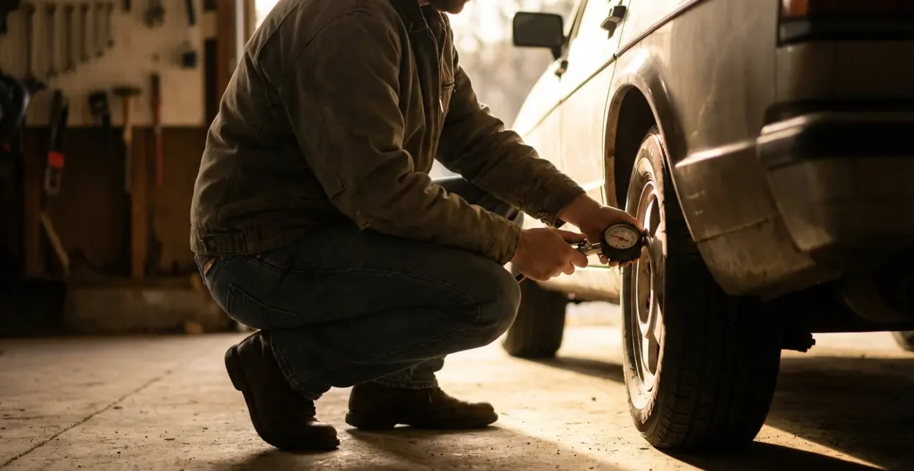 Vue large d'un garage résidentiel au petit matin avec une personne vérifiant la pression d'un pneu