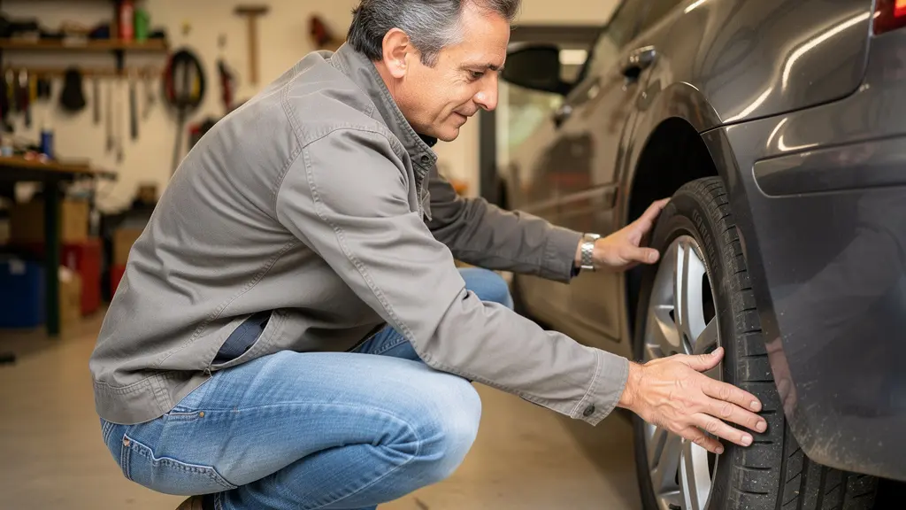 Propriétaire inspectant son véhicule dans un garage résidentiel avant souscription assurance