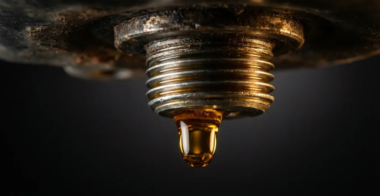 Vue rapprochée d'un carter d'huile automobile avec goutte d'huile dorée s'échappant, éclairage dramatique mettant en évidence l'importance de la maintenance préventive