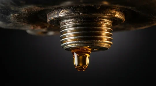 Vue rapprochée d'un carter d'huile automobile avec goutte d'huile dorée s'échappant, éclairage dramatique mettant en évidence l'importance de la maintenance préventive