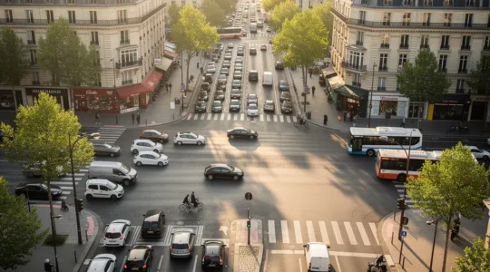 Vue aérienne d'une zone urbaine française avec restrictions de circulation automobiles