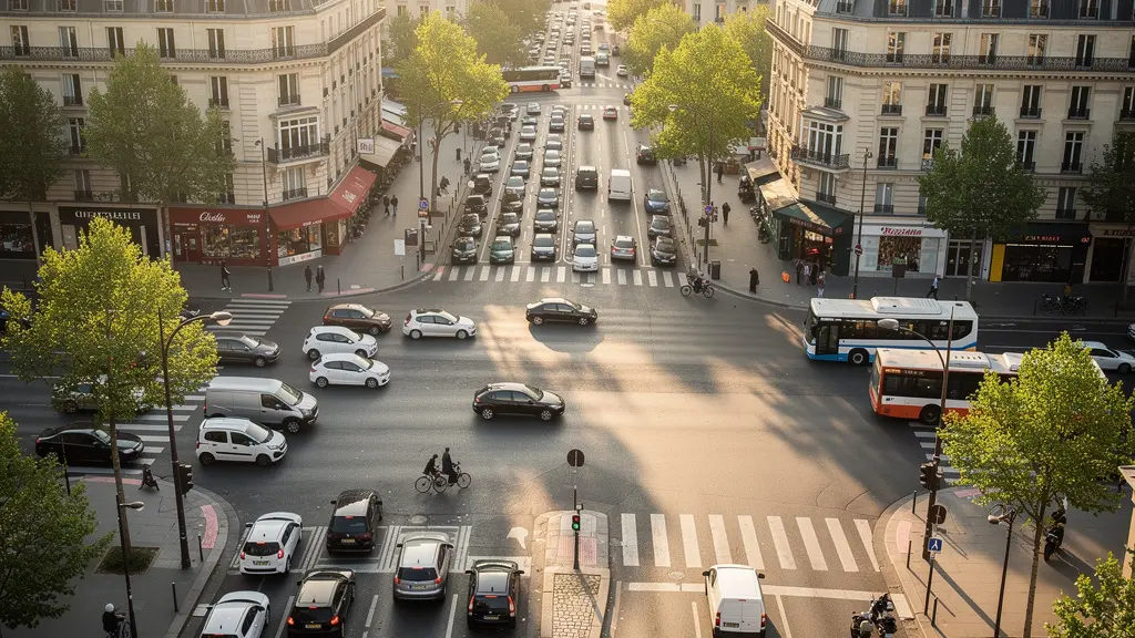 Vue aérienne d'une zone urbaine française avec restrictions de circulation automobiles