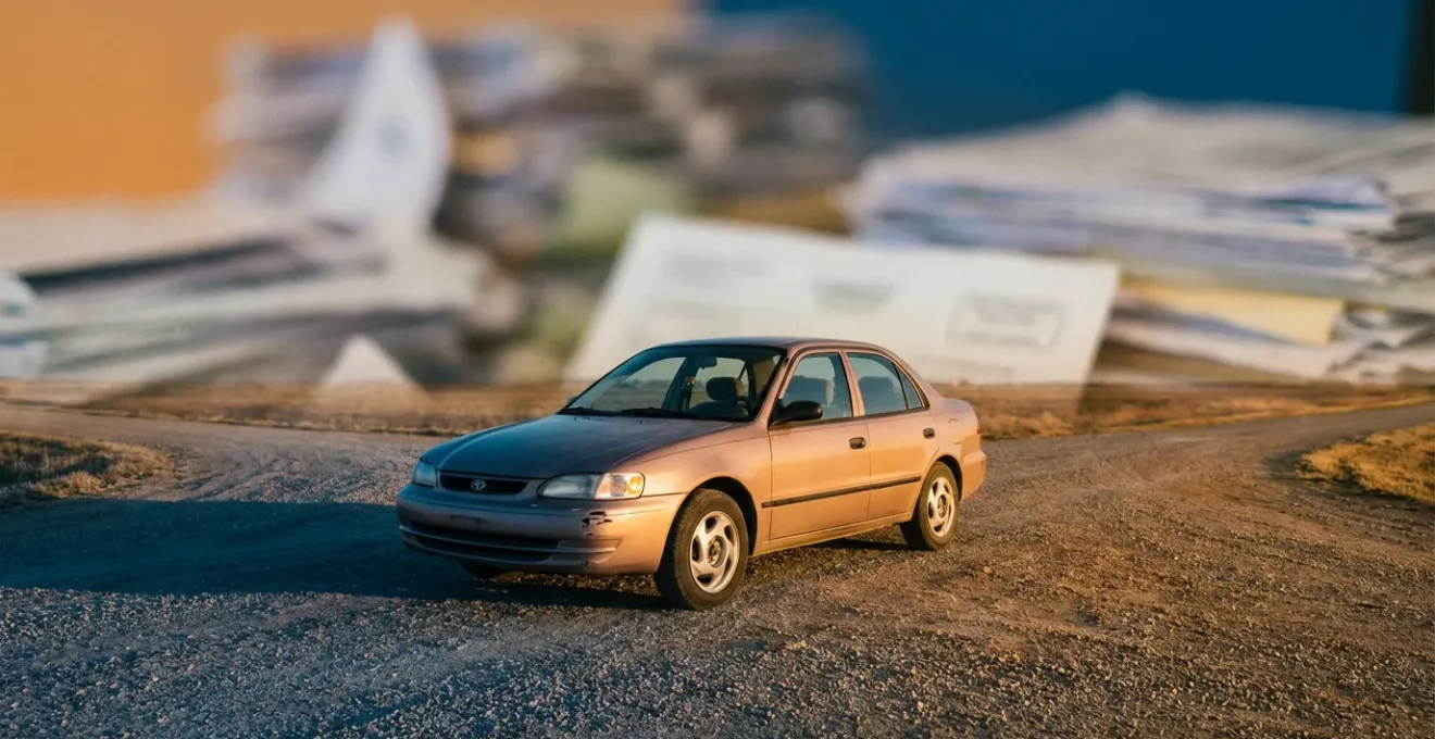 Vue rapprochée d'une voiture de 8 ans avec documents d'assurance flous en arrière-plan