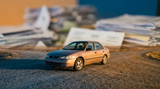 Vue rapprochée d'une voiture de 8 ans avec documents d'assurance flous en arrière-plan