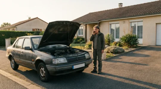 Voiture de plus de 10 ans en panne devant une maison avec capot ouvert et propriétaire au téléphone