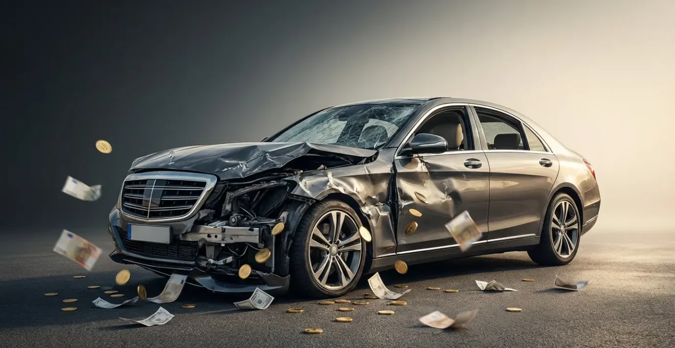 Vue artistique d'une voiture accidentée avec des éléments symbolisant les aspects financiers de l'indemnisation