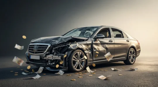 Vue artistique d'une voiture accidentée avec des éléments symbolisant les aspects financiers de l'indemnisation