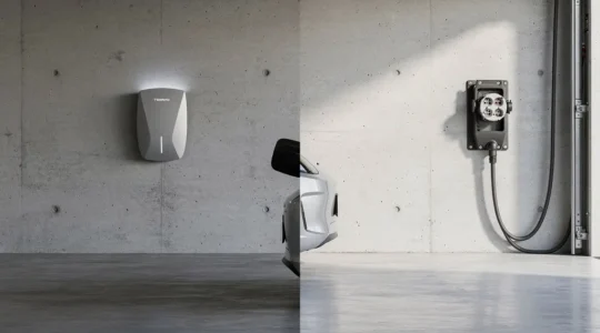 Comparaison entre une wallbox moderne et une prise renforcée dans un garage résidentiel avec une voiture électrique
